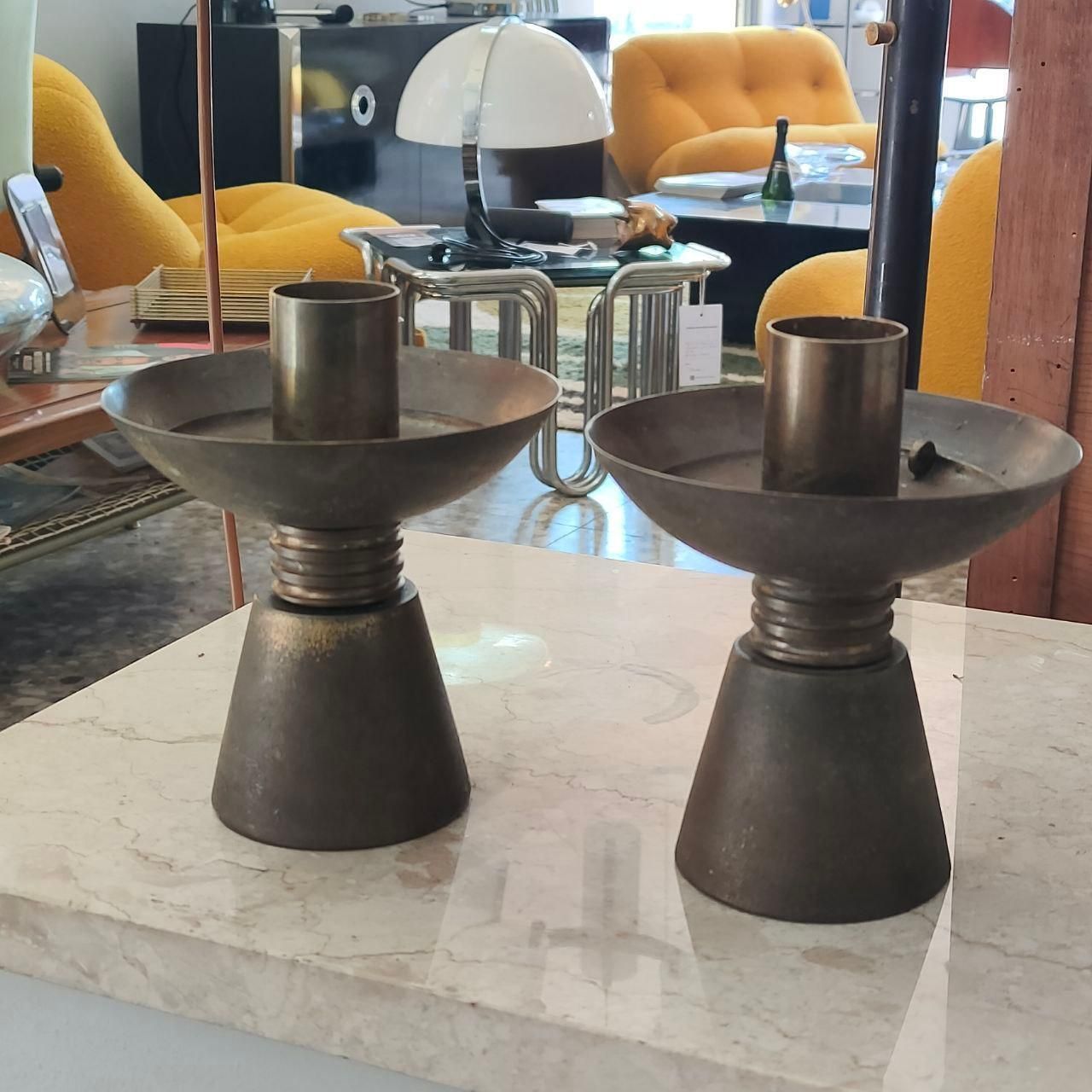 Home Decor Pair Of 1930s Italian Art Deco Solid Brass Candelabras With Original Patina photo