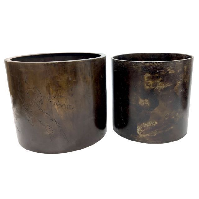 Pair Of Chinese Patinated Bronze Brush Pots – Engraved Decoration Of Pine And Moon – China, Late Qing Dynasty photo furniture