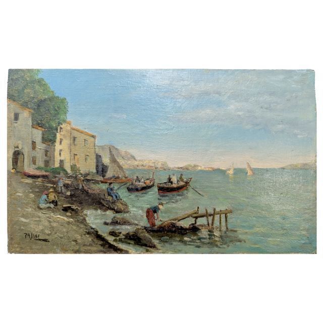 Oil On Canvas Mounted On Panel 1900 Italian Seascape Signed Palini