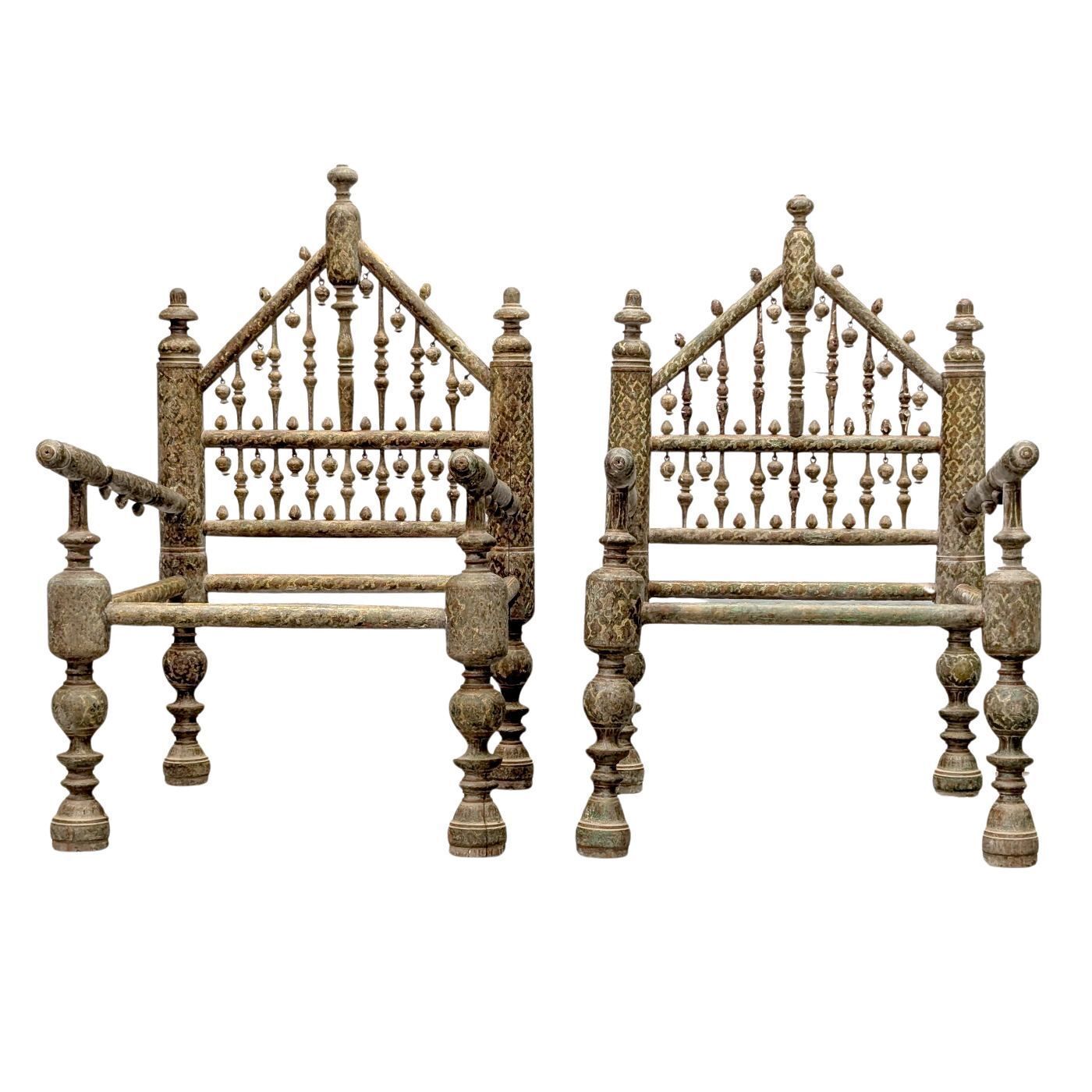 Pair Of 19th Century Indian Armchairs In Polychrome Wood