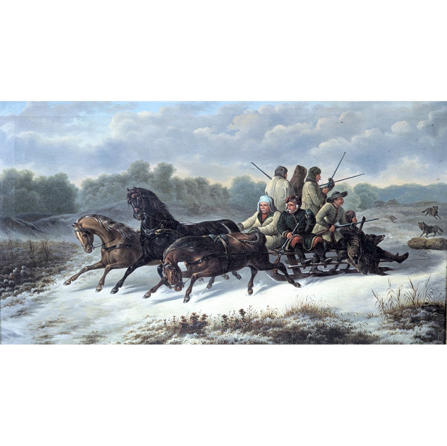 Russian School, Late 19th Century — "Wolf Hunt In A Sleigh" — Oil On Canvas In A Gilt Frame Signed Vait photo furniture