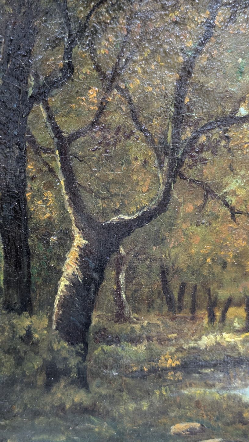 By Paul Vernon Oil On Canvas In The Style Of The Barbizon School Lively Wooded Scene At The Water's Edge 19th Century photo Art