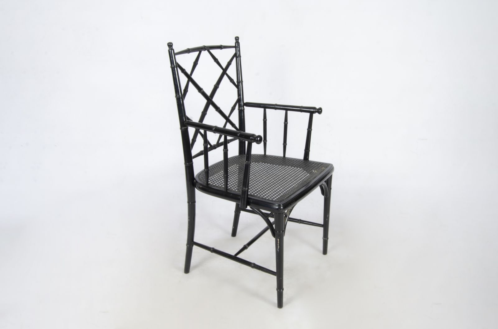 Set Of Eight Hollywood Regency Black Lacquered Rattan/Faux Bamboo Dining Chairs In The Manner Of Maison Jansen, France photo for sale