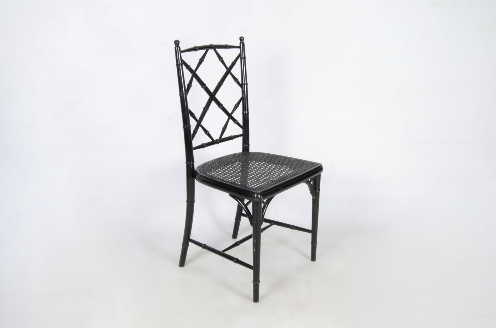 Set Of Eight Hollywood Regency Black Lacquered Rattan/Faux Bamboo Dining Chairs In The Manner Of Maison Jansen, France photo Furniture