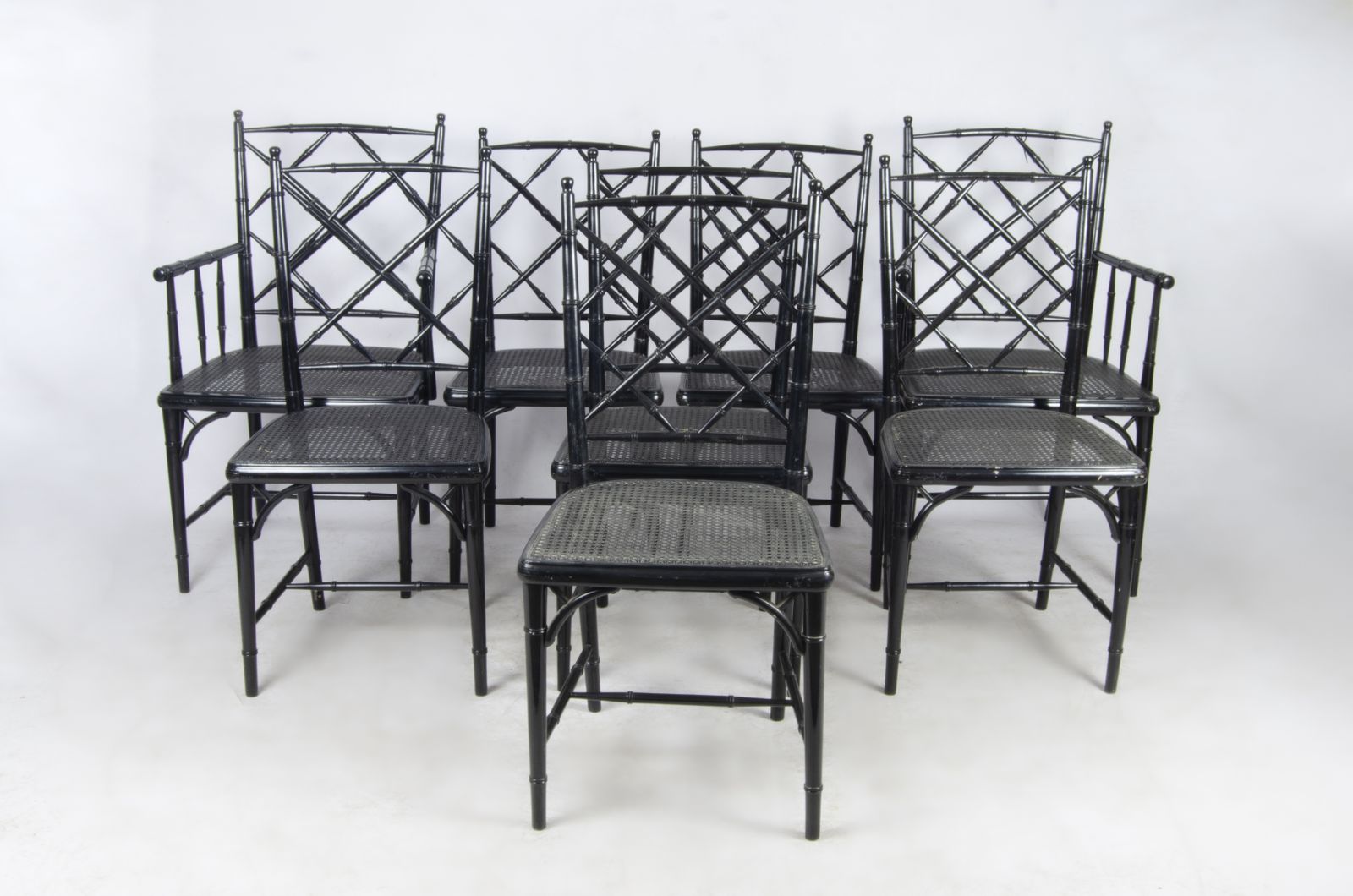 Set Of Eight Hollywood Regency Black Lacquered Rattan/Faux Bamboo Dining Chairs In The Manner Of Maison Jansen, France photo buy