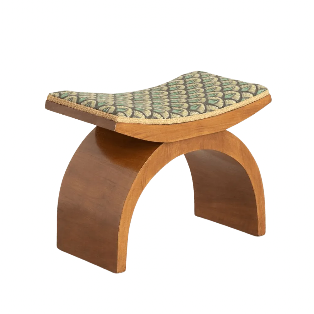 Art Deco Bentwood Stool In Walnut By Hille Re Upholstered In Art Deco Fabric