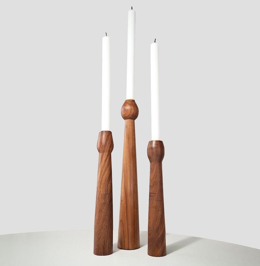 3 Scandinavian Teak Wood Candlesticks With Brass Inserts, Denmark, 1960s