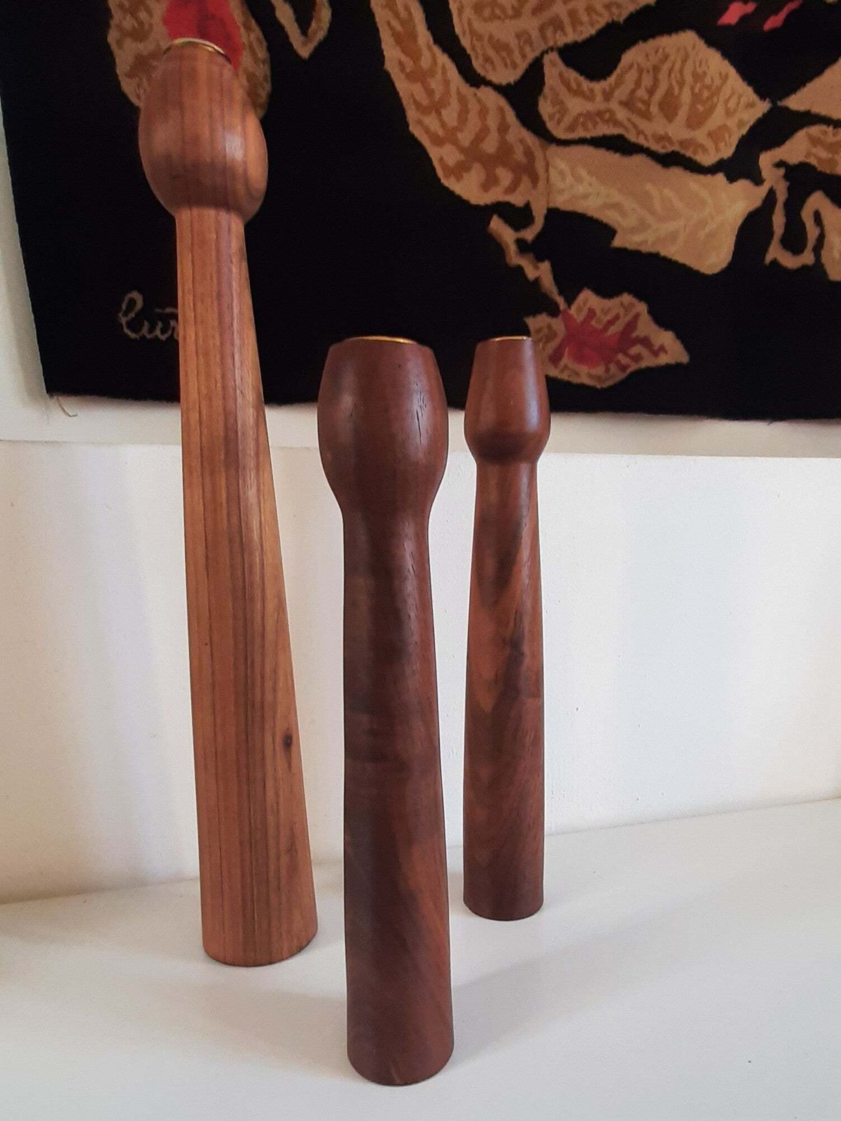 3 Scandinavian Teak Wood Candlesticks With Brass Inserts, Denmark, 1960s photo Home Decor