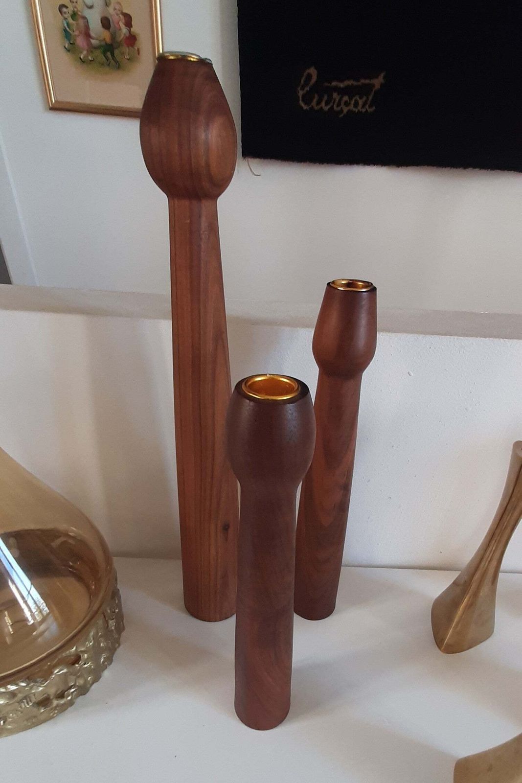3 Scandinavian Teak Wood Candlesticks With Brass Inserts, Denmark, 1960s photo 240.0