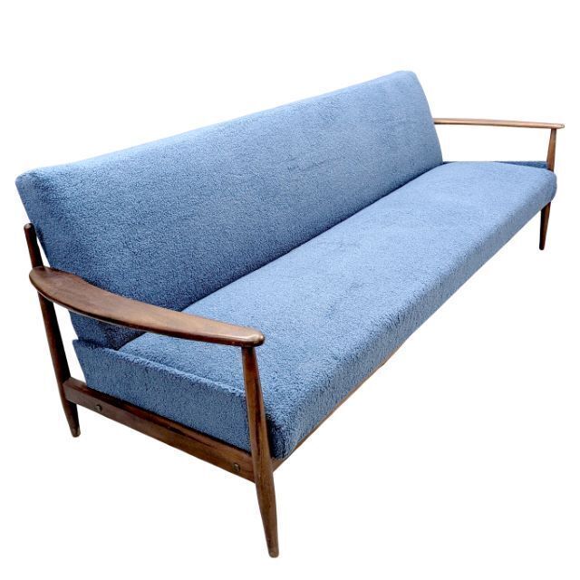 Vintage Scandinavian Bentwood Sofa Bed In Blue Bouclé Fabric   1960s photo furniture