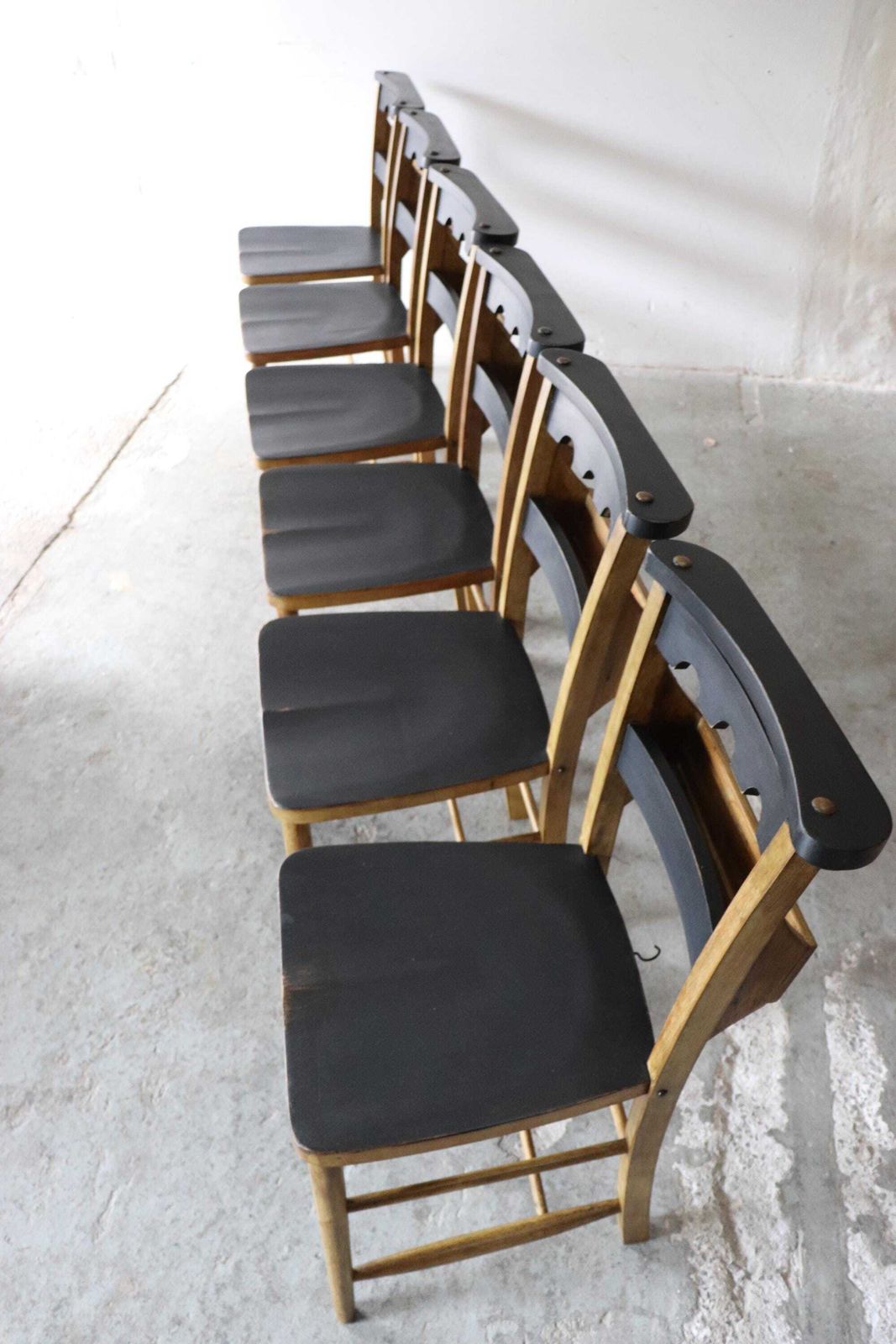 Striking Set Of Six Part Painted Vintage Welsh Chapel Chairs photo for sale