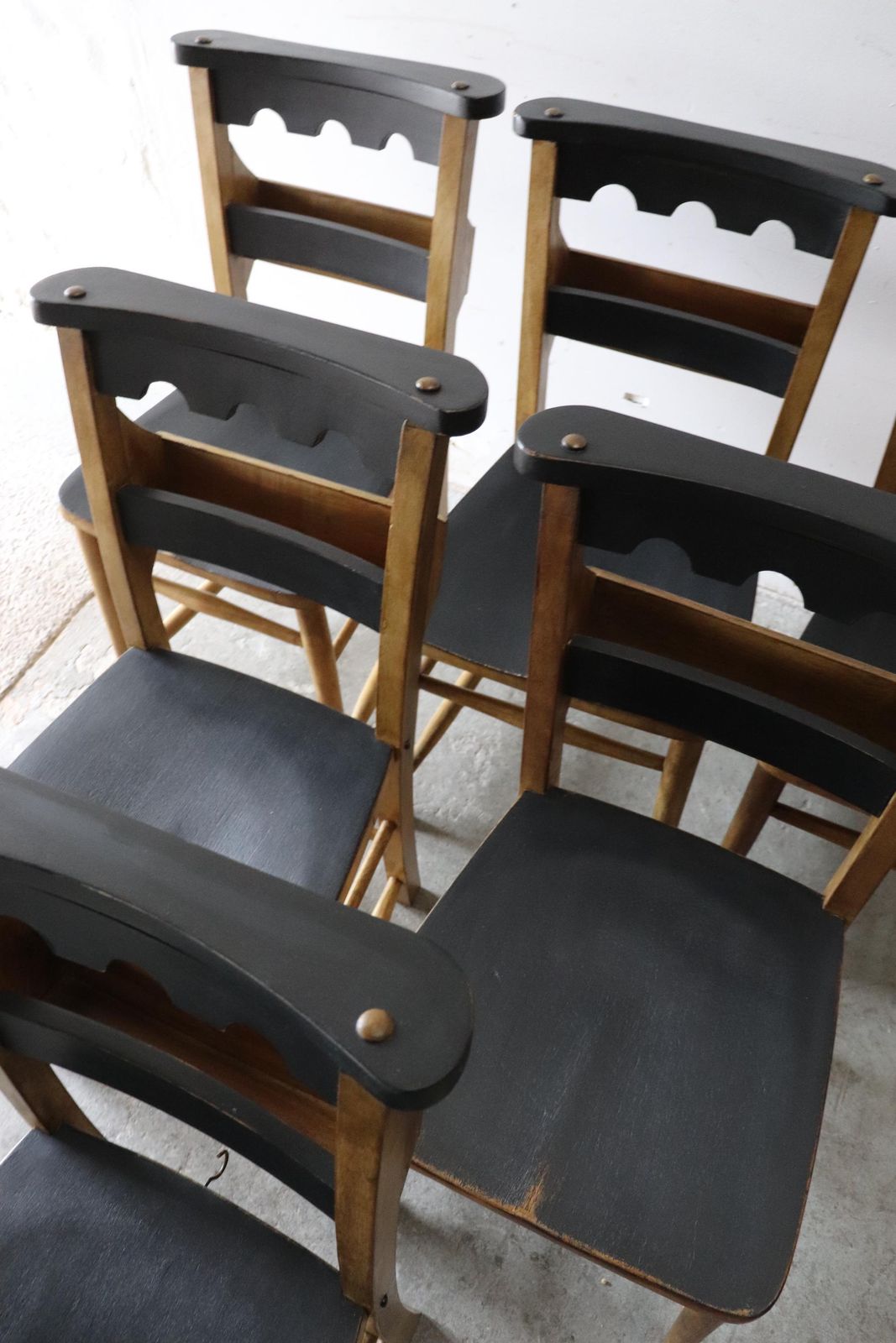 Striking Set Of Six Part Painted Vintage Welsh Chapel Chairs photo vintage