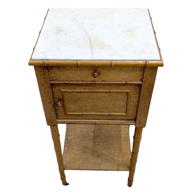 Light Wood Bedside Table In Faux Bamboo Style, Napoleon III Period – White Marble photo for sale