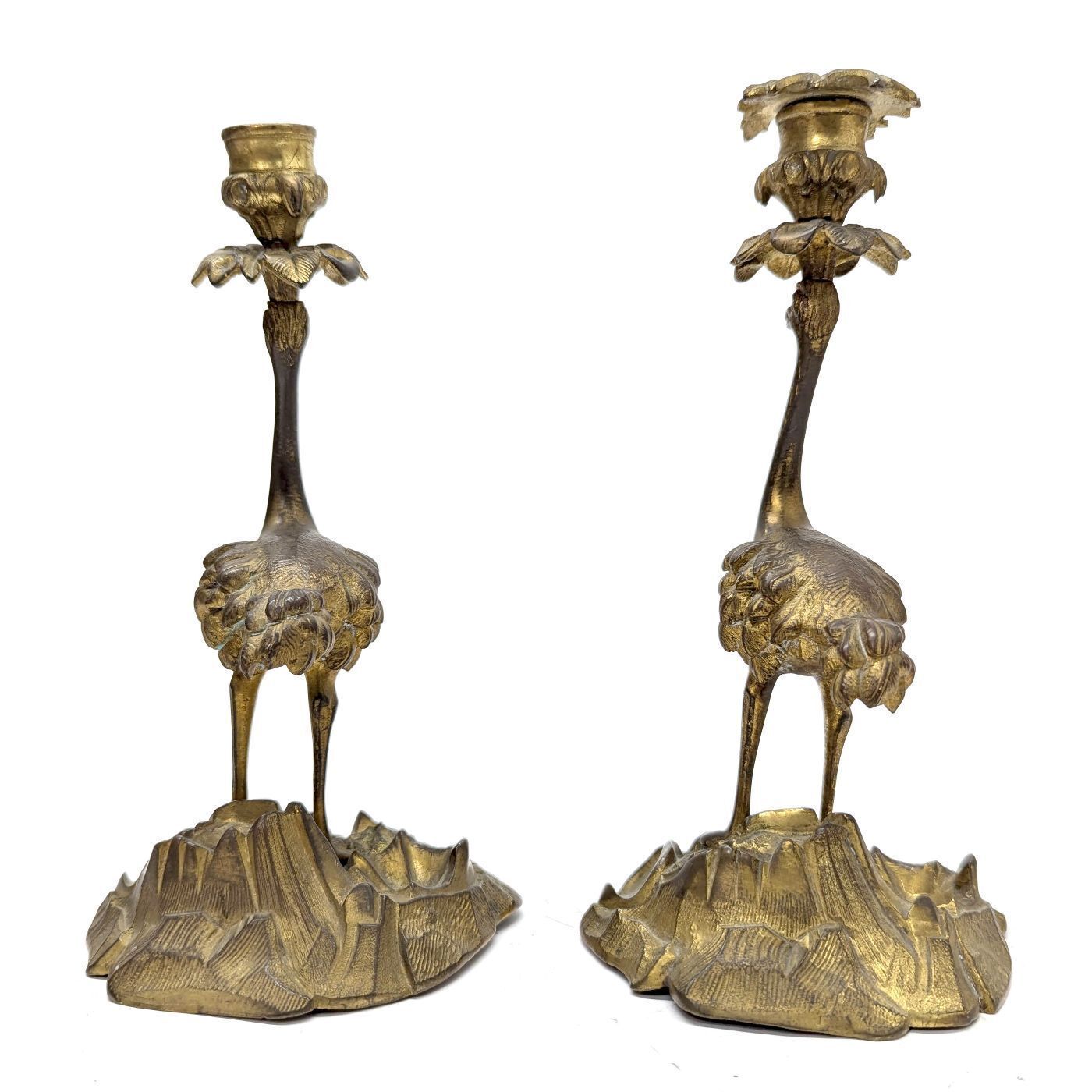 Pair Of 19th Century Gilt Bronze Candlesticks With Ostriches photo furniture