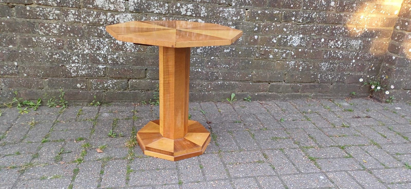 photo furniture Art Deco Handcrafted Wooden Pedestal Table – Octagonal Sunburst Veneer Top, Vintage Side Or Display Table Free Hand Delivery