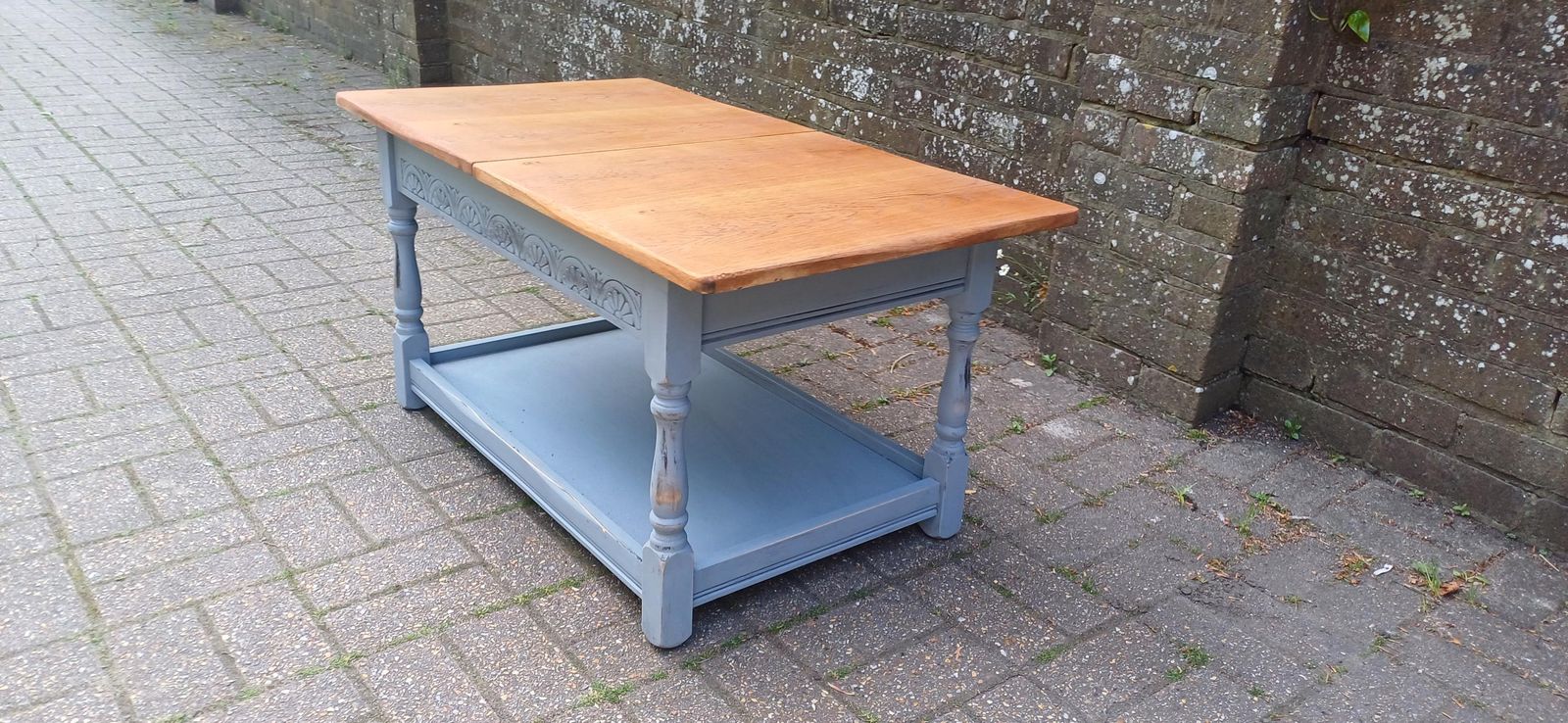 Rustic Grey Painted Coffee Table With Oak Veneer Top Sliding Storage Vintage Style With Danish Oil Finish Blue Grey Free Hand Delivery photo 425.0
