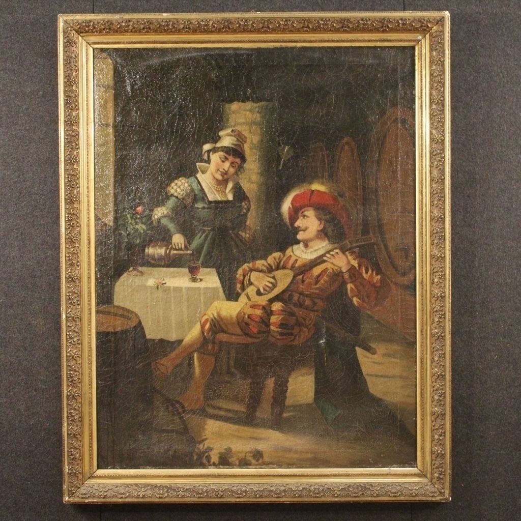 1500.0 Italian Painting Interior Scene With Musician Oil On Canvas photo