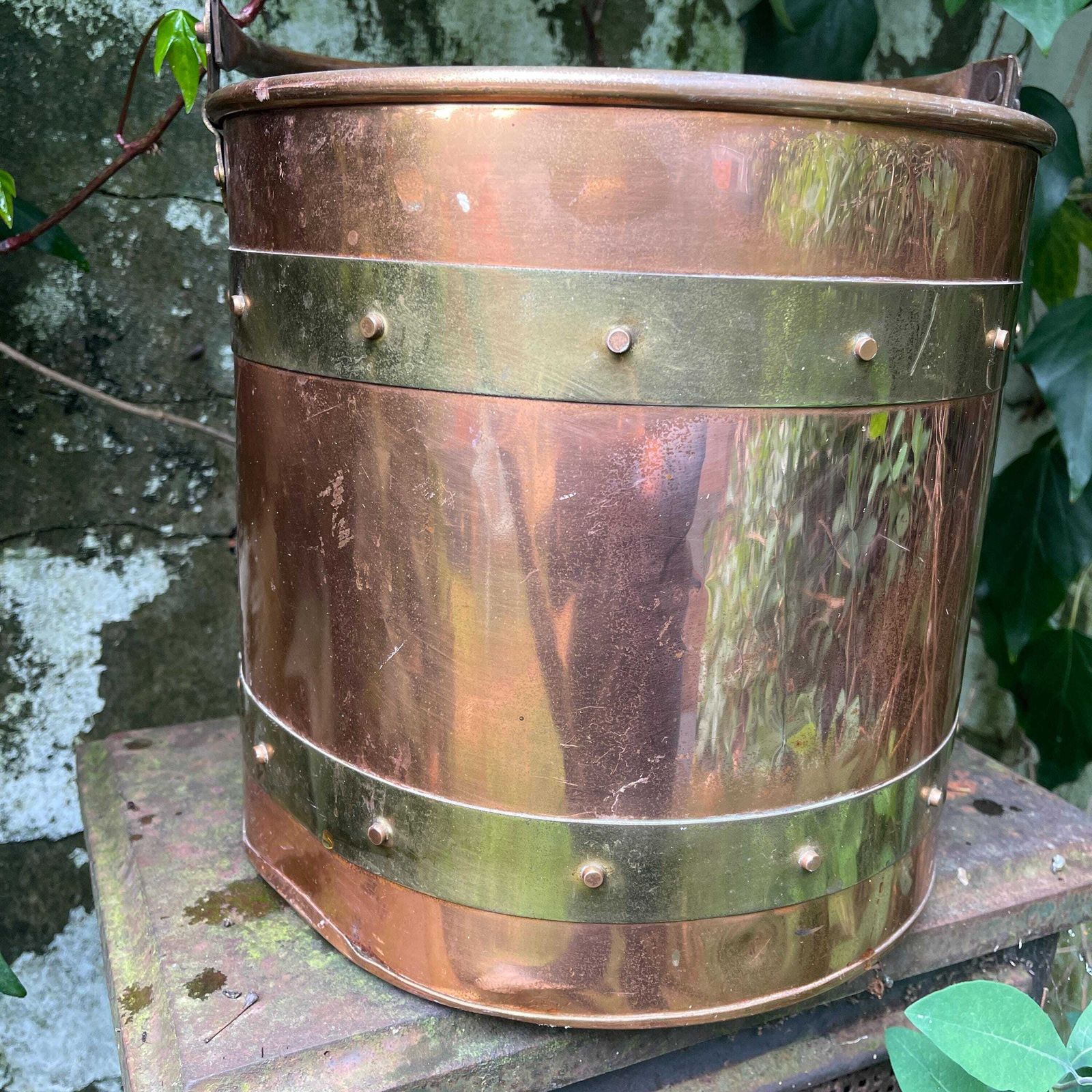 Vintage Copper And Brass Bound Coal Bucket   Fireplace Accessories   Plant Pot   Rustic Home Decor   Shabby Chic photo vintage