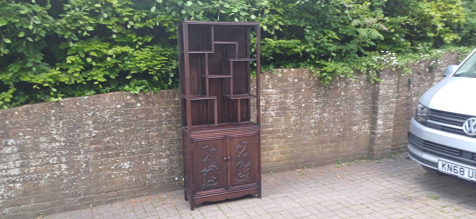 Antique Hardwood Display Cabinet – Ornate Style Step Shelves & Carved Base, Late 19th Century Zig Zag Shelves photo for sale