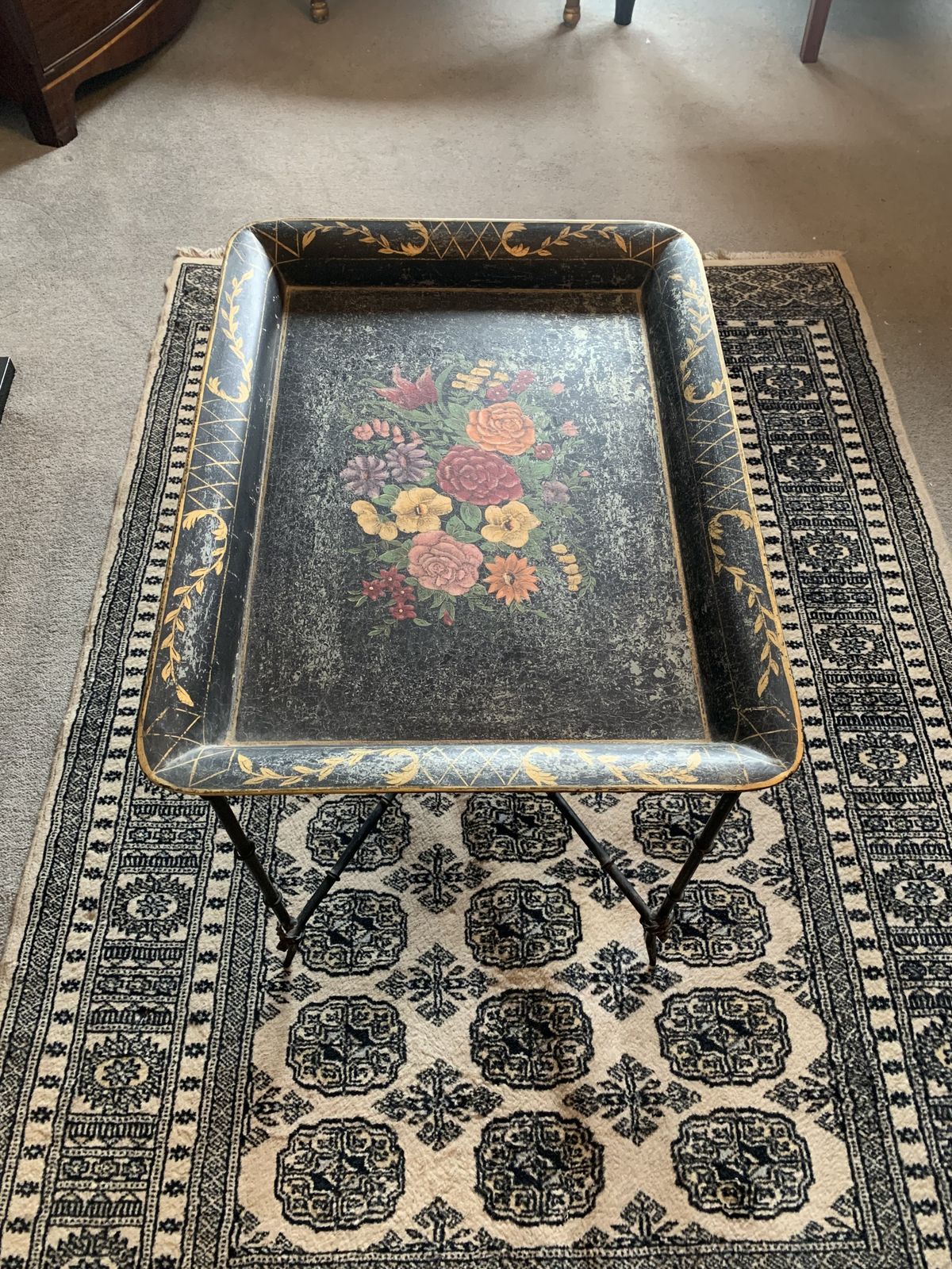A French Hand Painted Metal Tray On Simulated Bamboo Stand photo buy