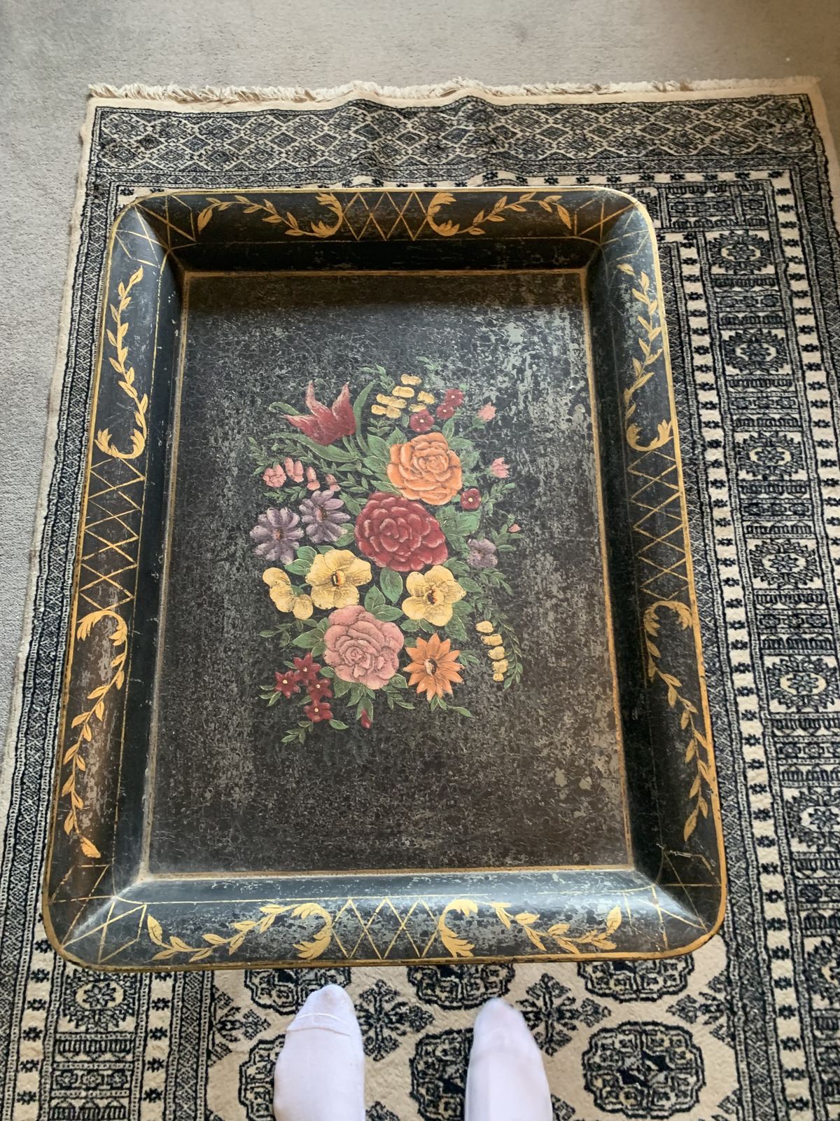 A French Hand Painted Metal Tray On Simulated Bamboo Stand photo vintage