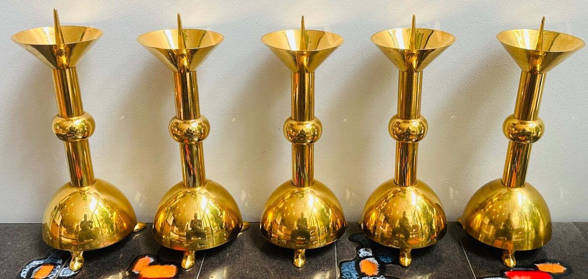Set Of 5 1950s German Brutalist Gold Chromed Metal Church Candleholders photo for sale