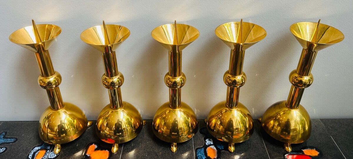 Set Of 5 1950s German Brutalist Gold Chromed Metal Church Candleholders photo vinterior