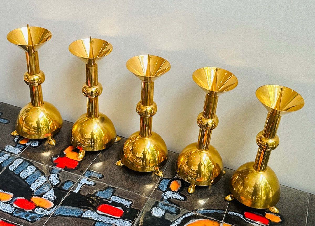 photo for sale Set Of 5 1950s German Brutalist Gold Chromed Metal Church Candleholders