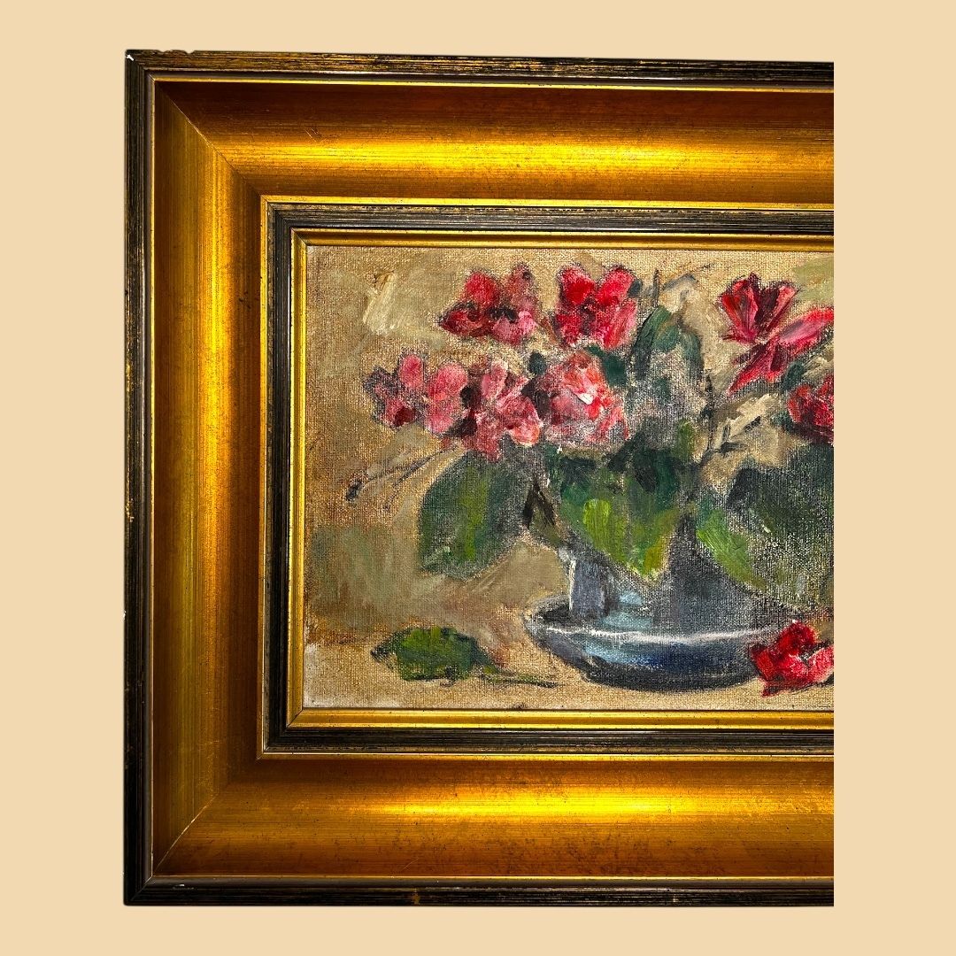 Cup With Flowers, Original Still Life Oil On Canvas Painting photo for sale