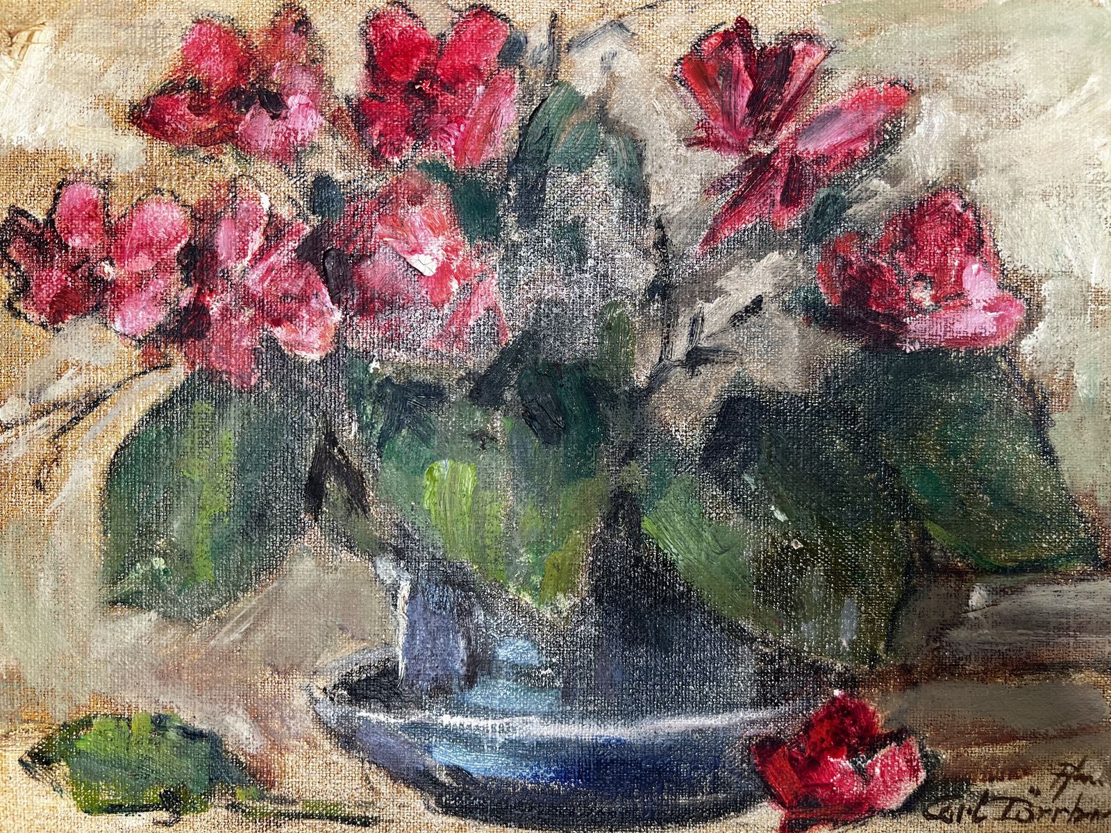 Cup With Flowers, Original Still Life Oil On Canvas Painting photo vinterior