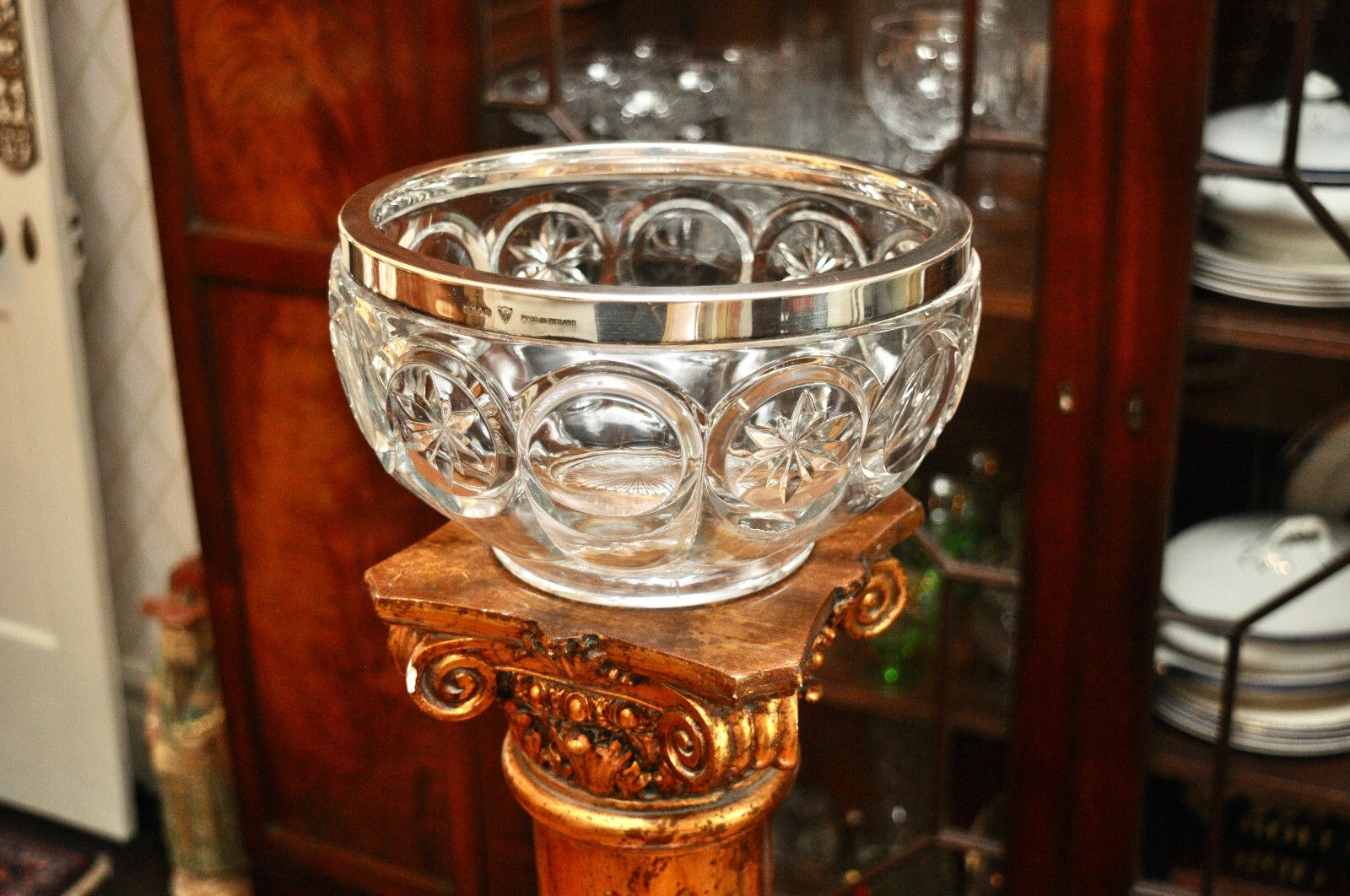 A Large Antique Glass Salad/Fruit Bowl, Silver Plated Rim, John Grinsell C1900 photo for sale