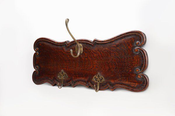 Art Nouveau Style Coat Rack In Oak With Brass Hooks, 1915 photo Furniture