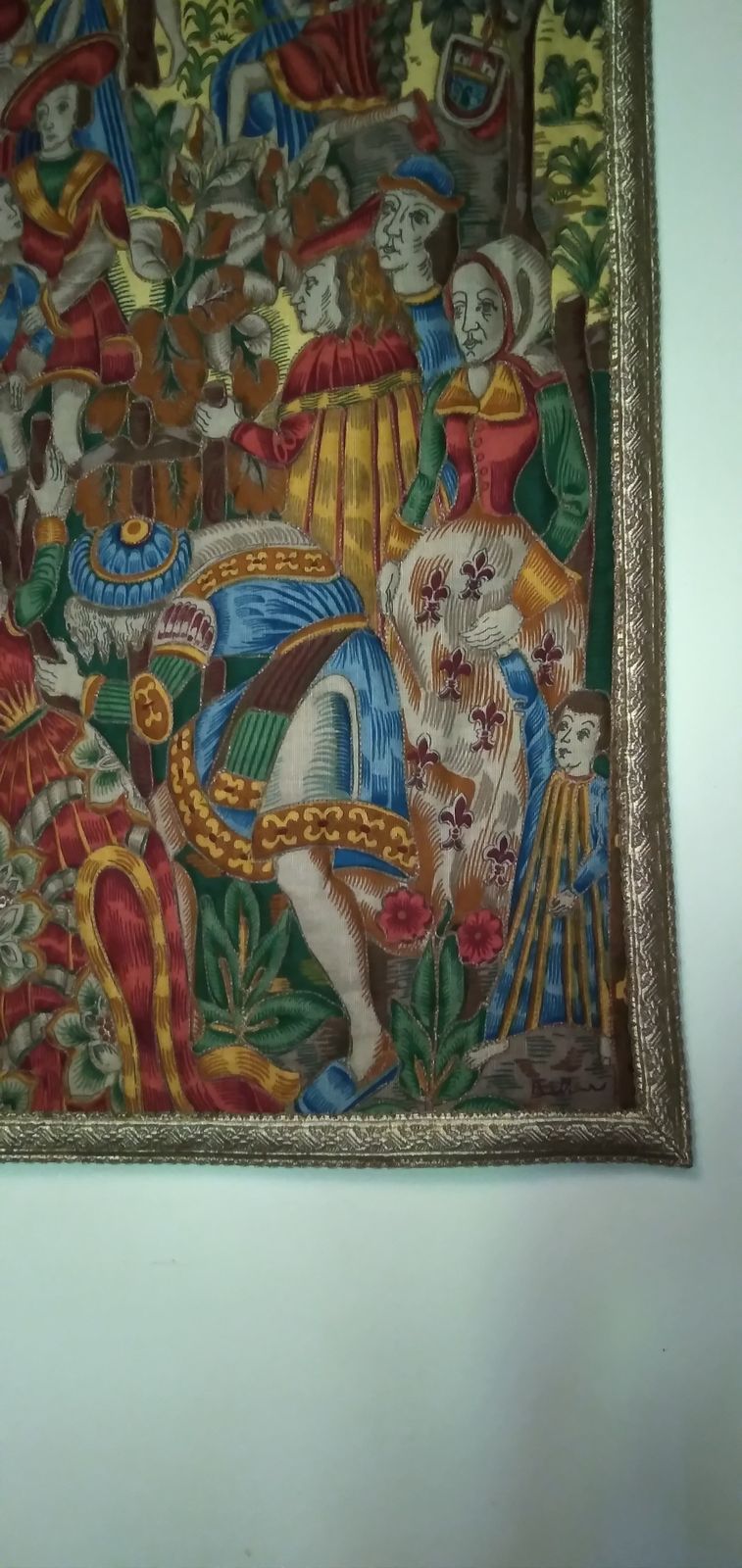 Rare Find. Gold And Red Embossed Cotton Linen Late 1960's Vintage French Medieval Tapestry   133.35cm X 144.78cm photo for sale