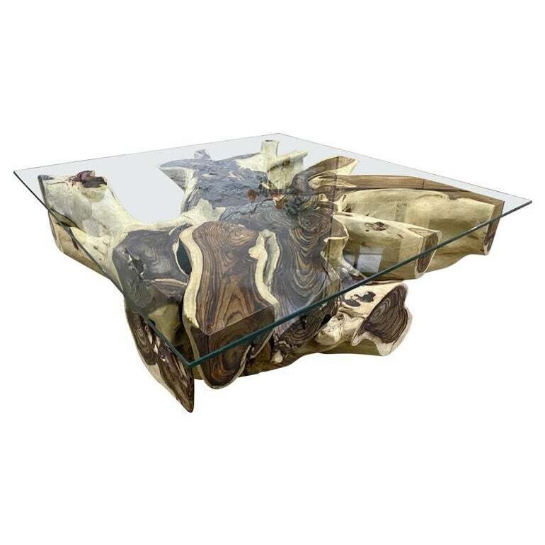 Organic Modern Root Table With Safety Glass Top, Sonokeling Wood, 2024