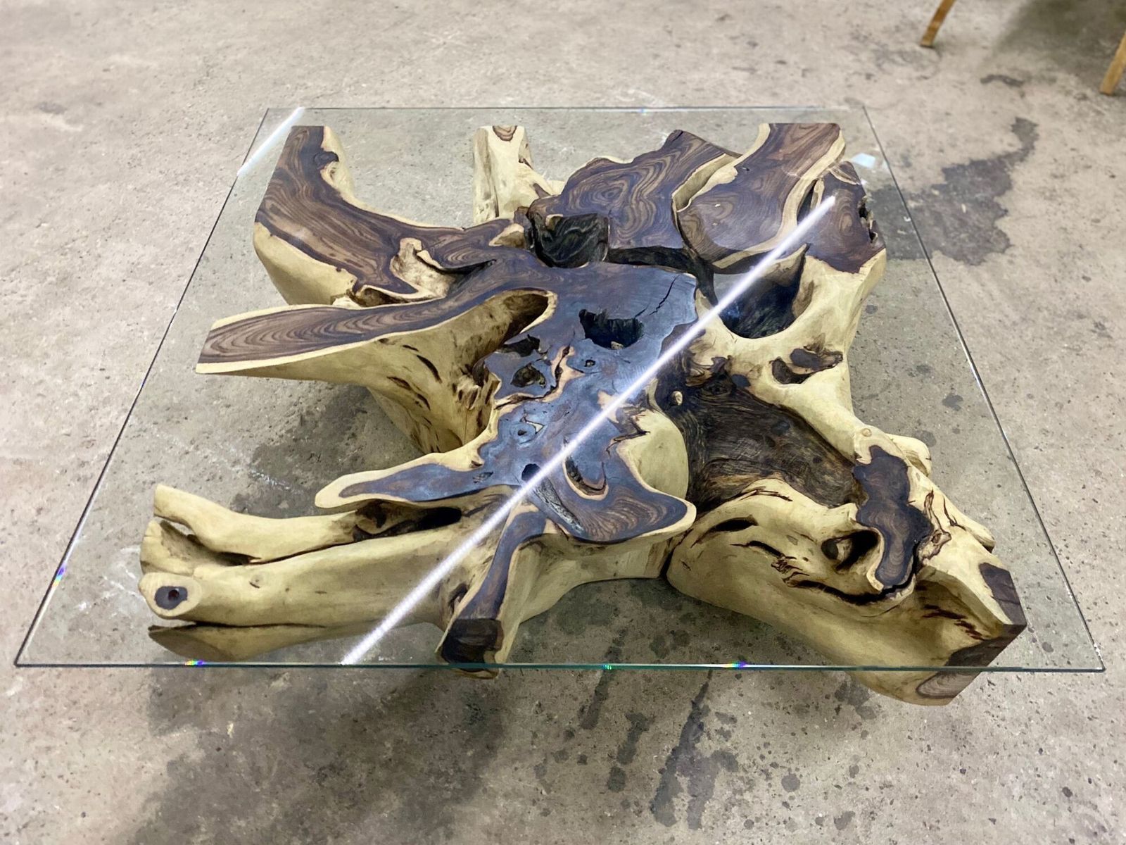 Organic Modern Root Table With Safety Glass Top, Sonokeling Wood, 2024 photo vinterior