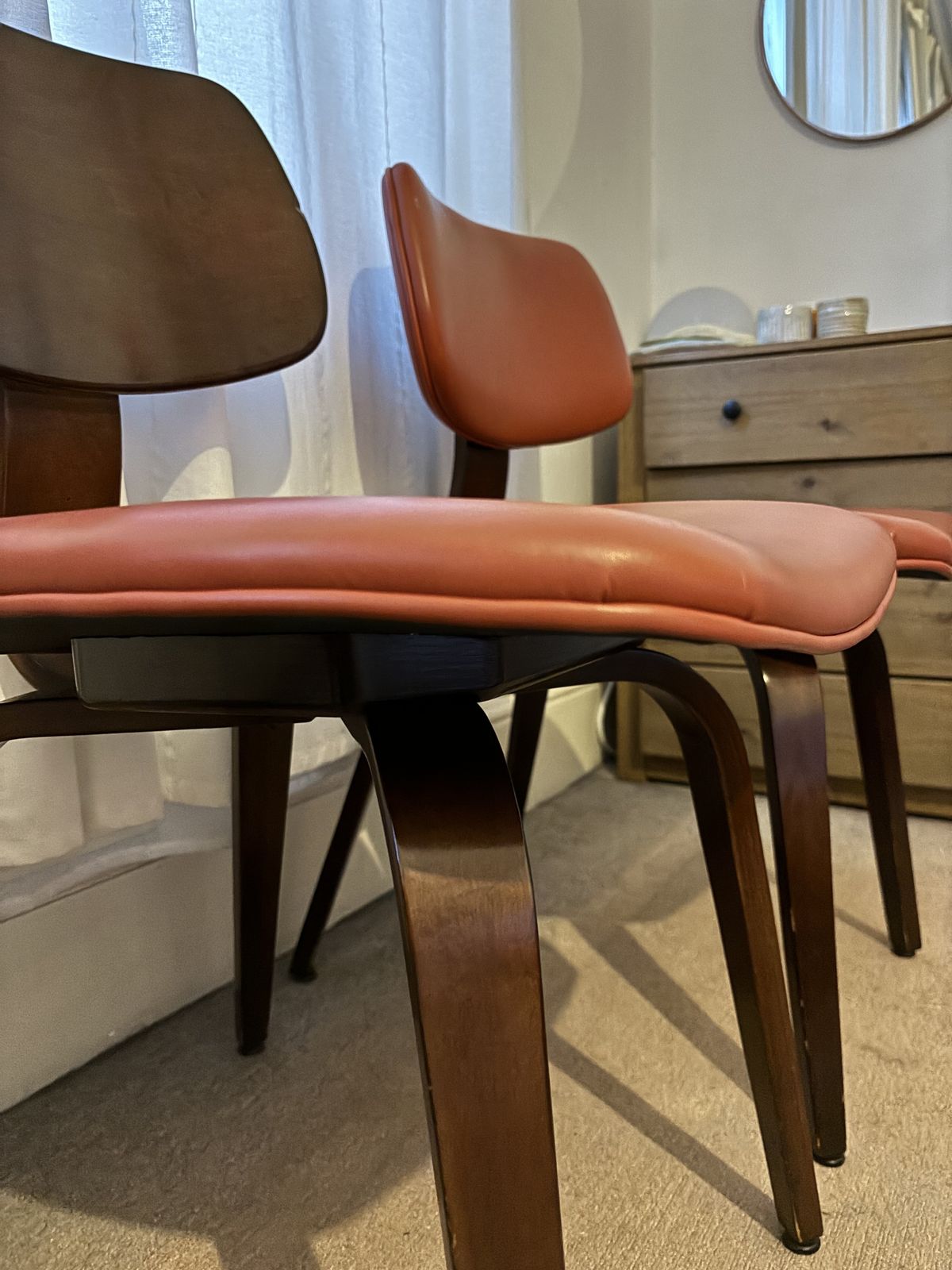 2 X Pairs Of Vintage Mid Century Bentwood Ply Chairs, Designed By Bruno Weil For Thonet, USA In The 1950’s In Orange & Red Leather photo vintage