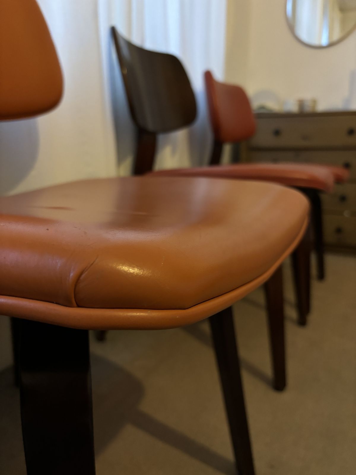 2 X Pairs Of Vintage Mid Century Bentwood Ply Chairs, Designed By Bruno Weil For Thonet, USA In The 1950’s In Orange & Red Leather photo vinterior
