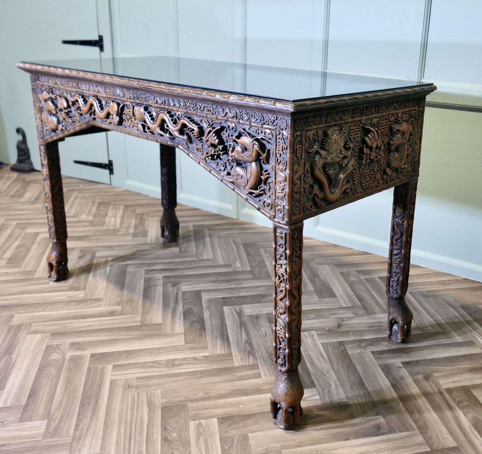Long Chinoiserie Carved Console Table Or Hall Table photo for sale