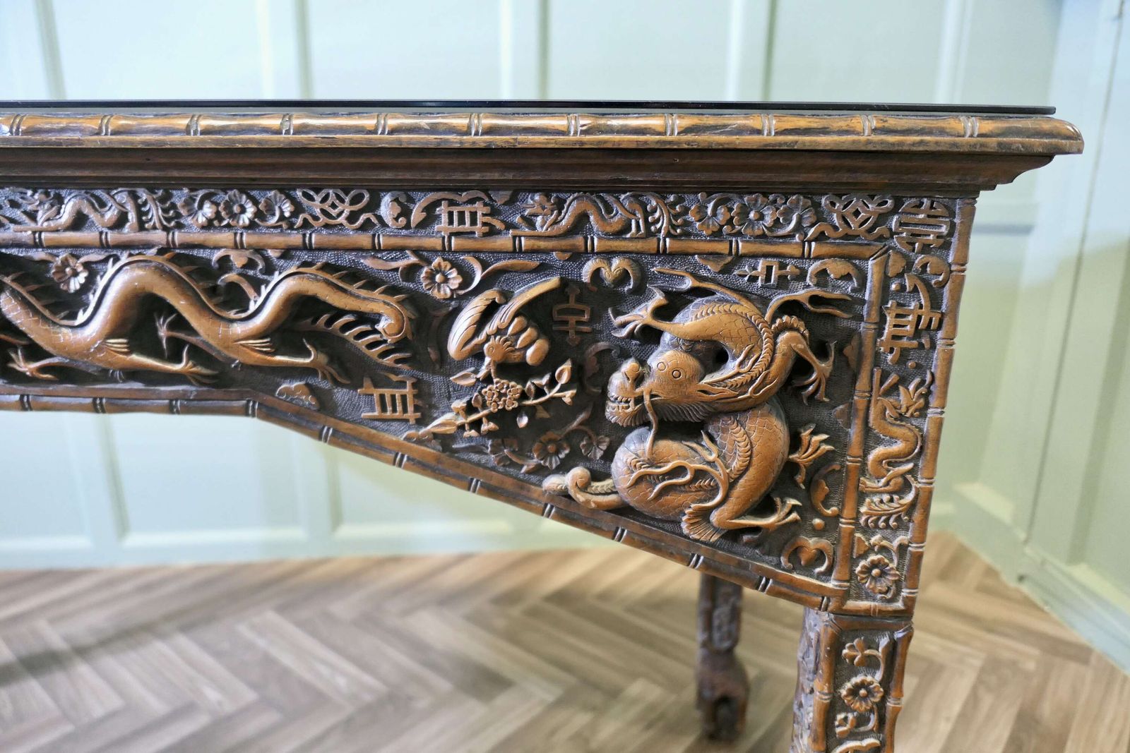 photo furniture Long Chinoiserie Carved Console Table Or Hall Table