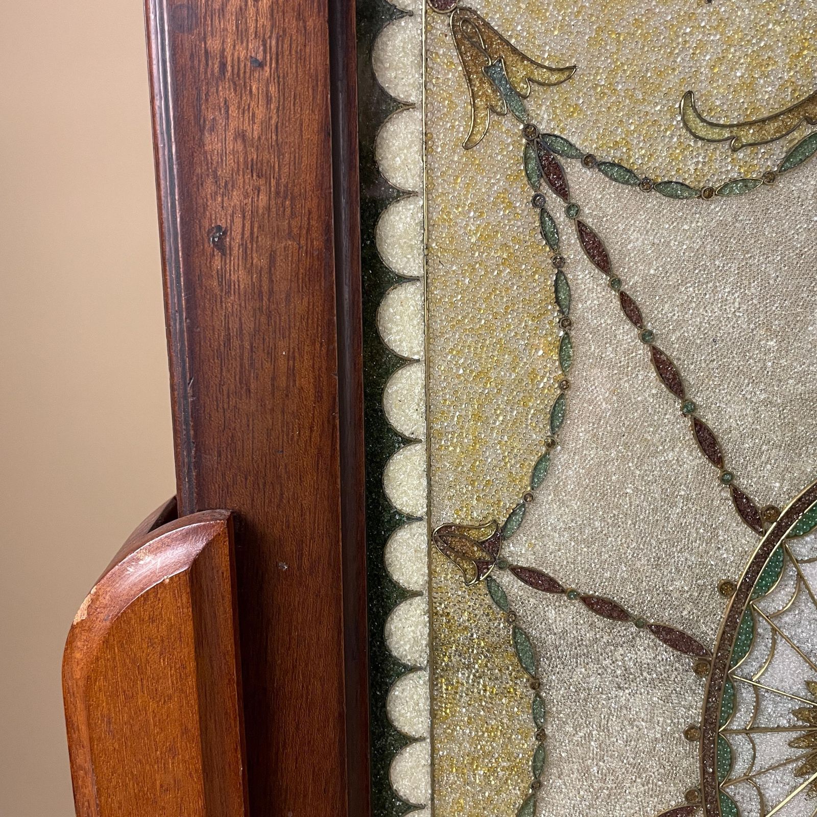 Vintage Fire Screen Fireguard Small Beading Pattern Detailed Beads Wood Sliding Removable Tray Wood Frame Freestanding photo 135.0