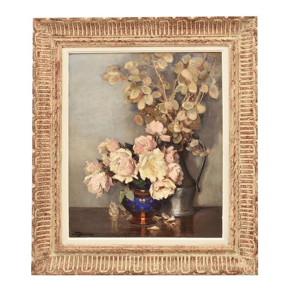 Antique Flower Painting, Maurice Alfred Decamps, Flower Painting, White Roses, 20th Century, Art Deco. (Qf664)