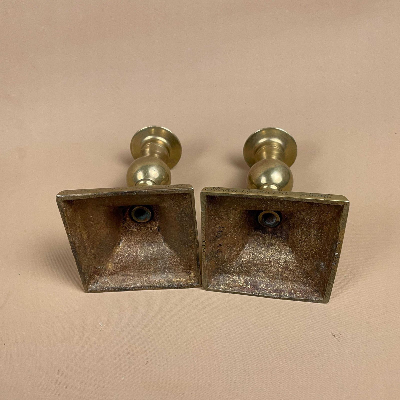 photo for sale Antique Matching Pair Of Gold Brass Metal Candlestick Candle Stick Vintage Column Taper Dinner Candlesticks Square Base Classic Pillar