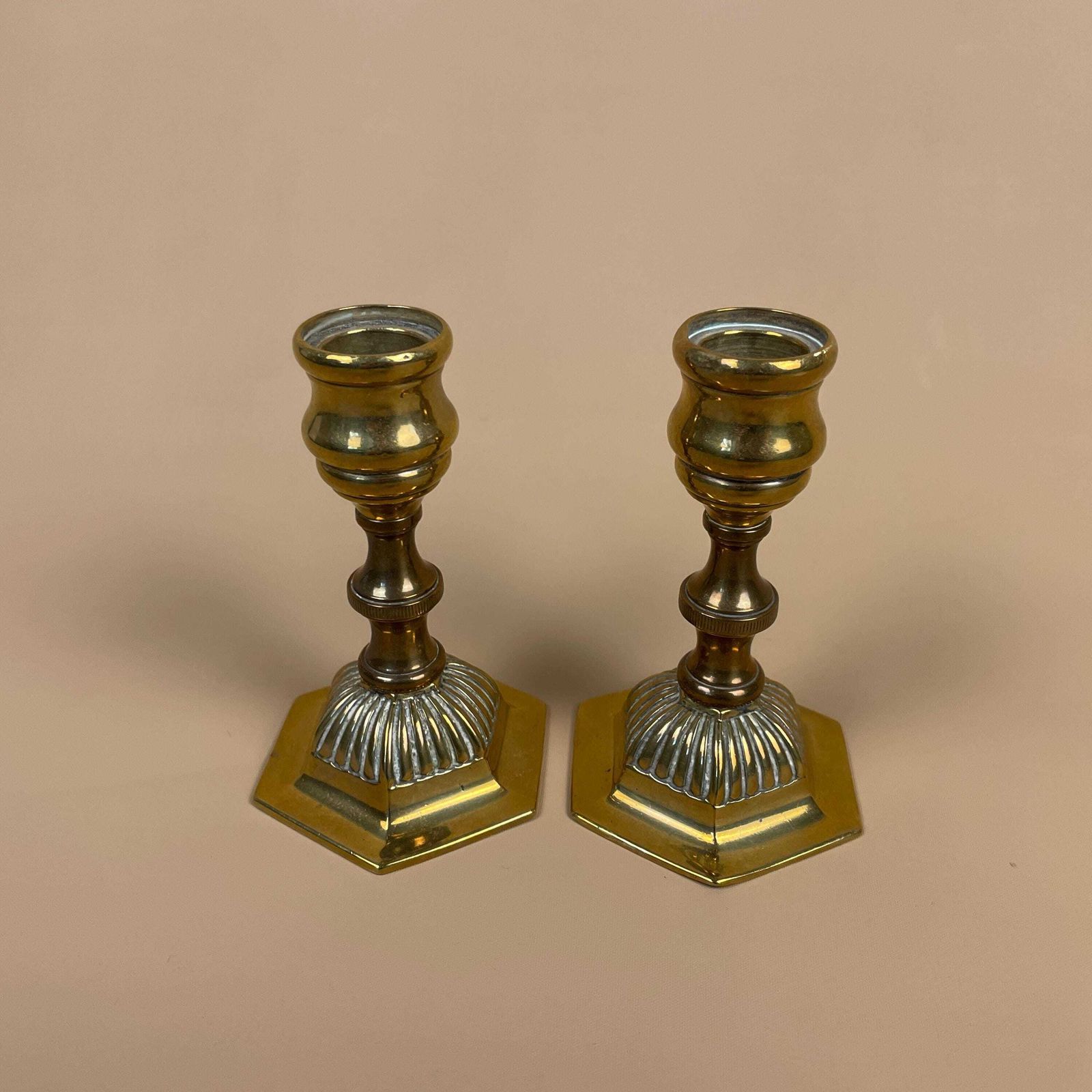 Antique Matching Pair Of Gold Brass Metal Candlestick Candle Stick Vintage Column Taper Dinner Candlesticks Hexagon Base Classic Pillar photo Home Decor
