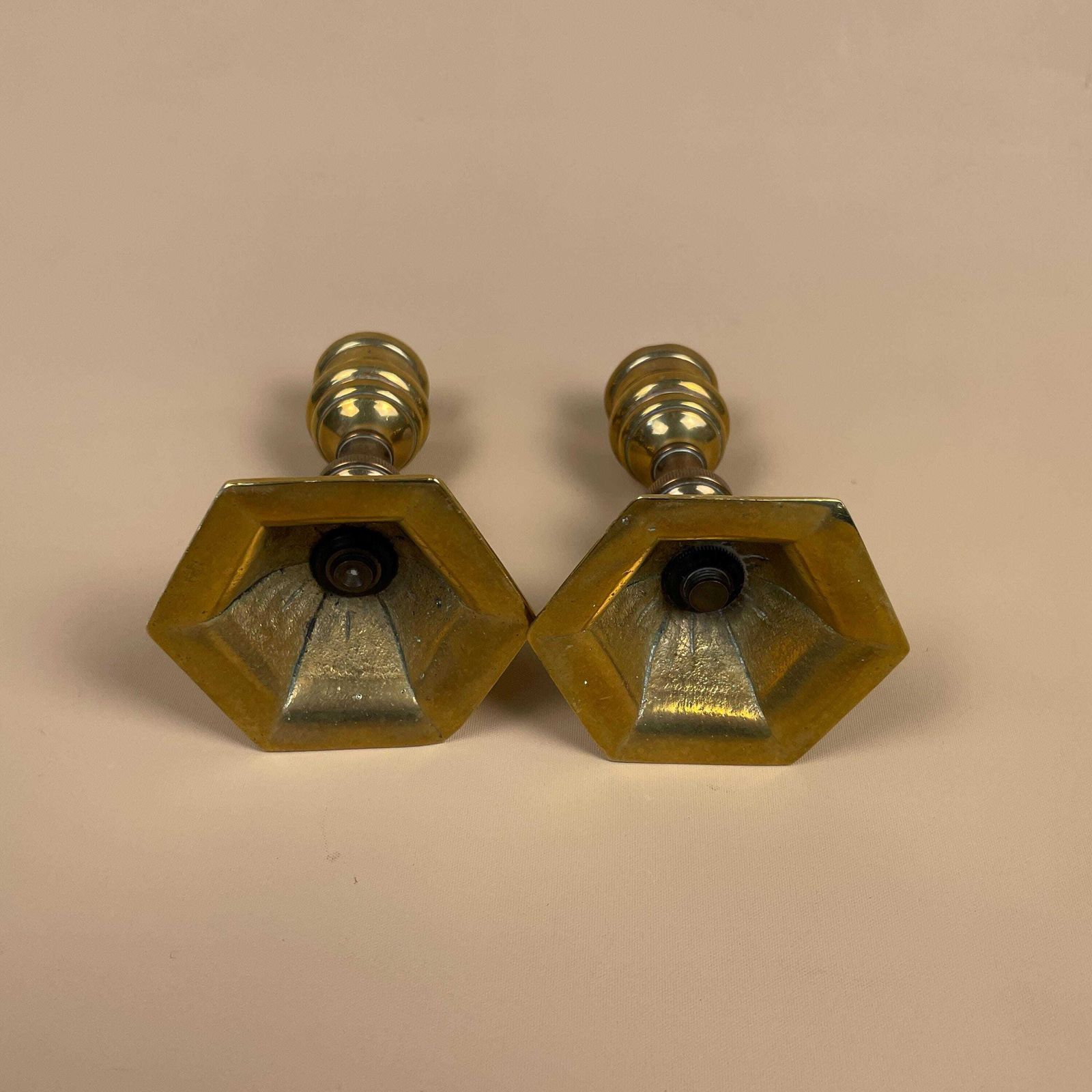 Antique Matching Pair Of Gold Brass Metal Candlestick Candle Stick Vintage Column Taper Dinner Candlesticks Hexagon Base Classic Pillar photo buy