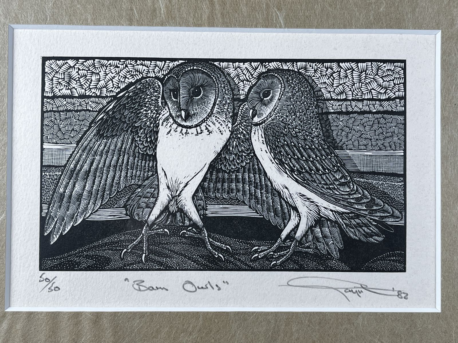 Limited Edition Woodblock Etching Of Two Barn Owls, Signed 'Payne', 1982 photo Art