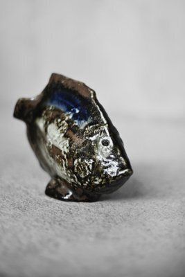 Mid Century Scandinavian Modern Brown And Cobalt Stoneware Fish Figurine By Carl Harry Stålhane For Rörstrand, 1960s photo for sale