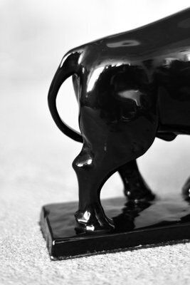 Large Mid Century Scandinavian Modern Black Porcelain Bison Figurine, 1960s photo vinterior