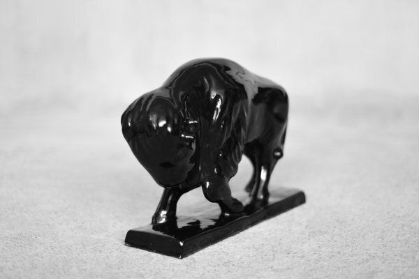 photo for sale Large Mid Century Scandinavian Modern Black Porcelain Bison Figurine, 1960s