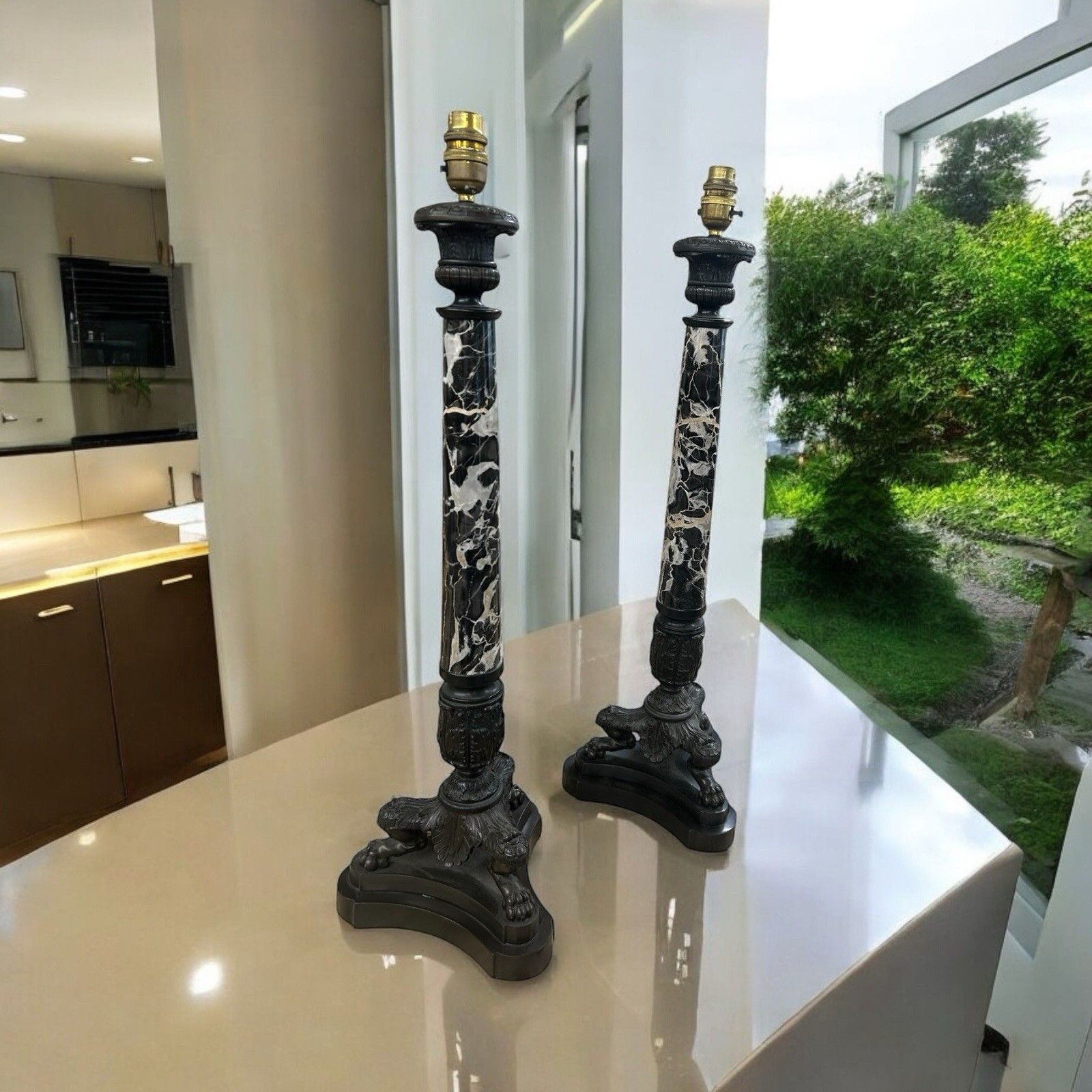 Pair Of Bronze & Marble Empire Table Lamps Large Antique 19th Century Lights Old photo furniture