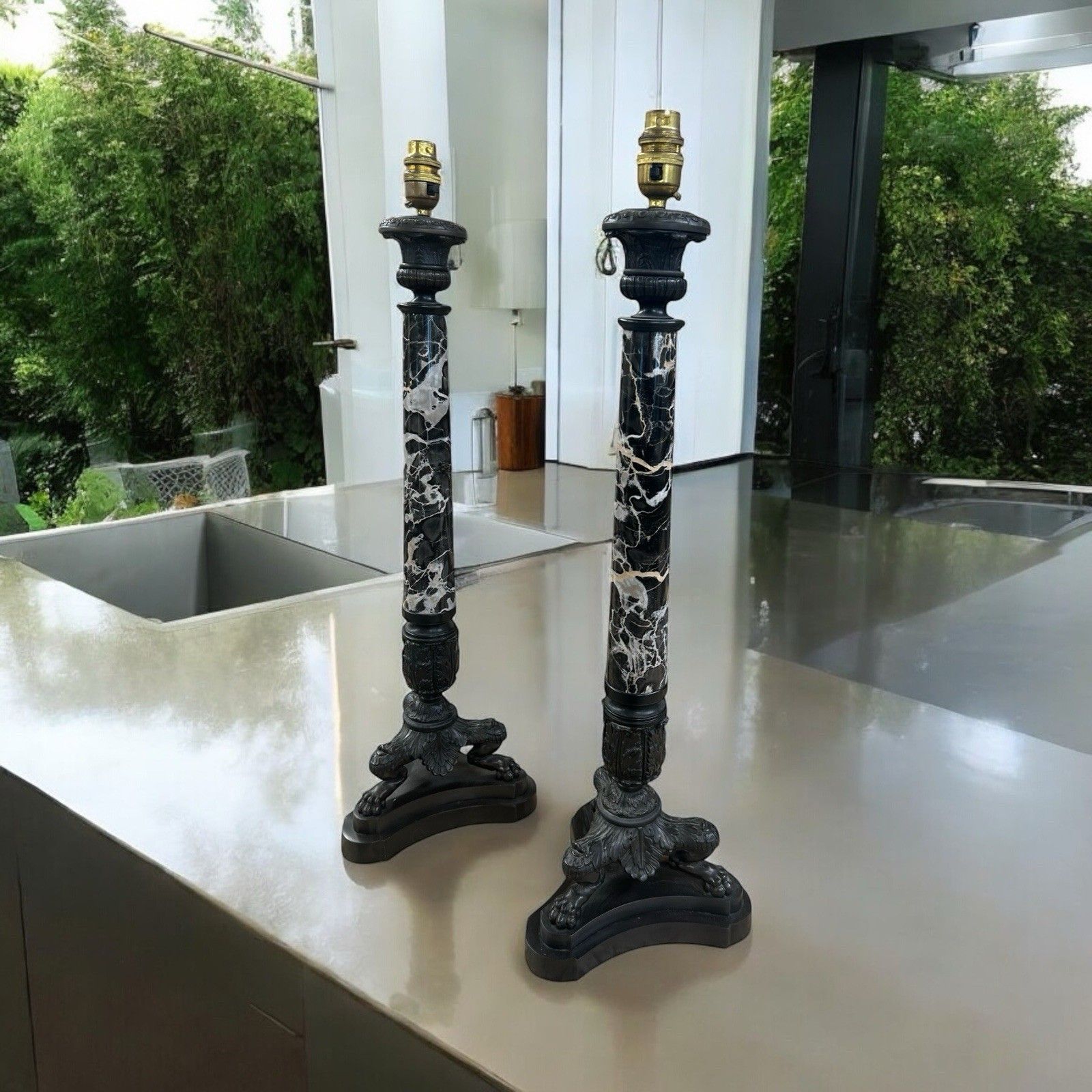 Pair Of Bronze & Marble Empire Table Lamps Large Antique 19th Century Lights Old photo 3127.0